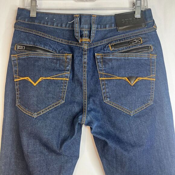 GUESS Dark Wash Denim Blue Jeans Cosmetic Back Zip Pockets Size 31/30 - Picture 7 of 10
